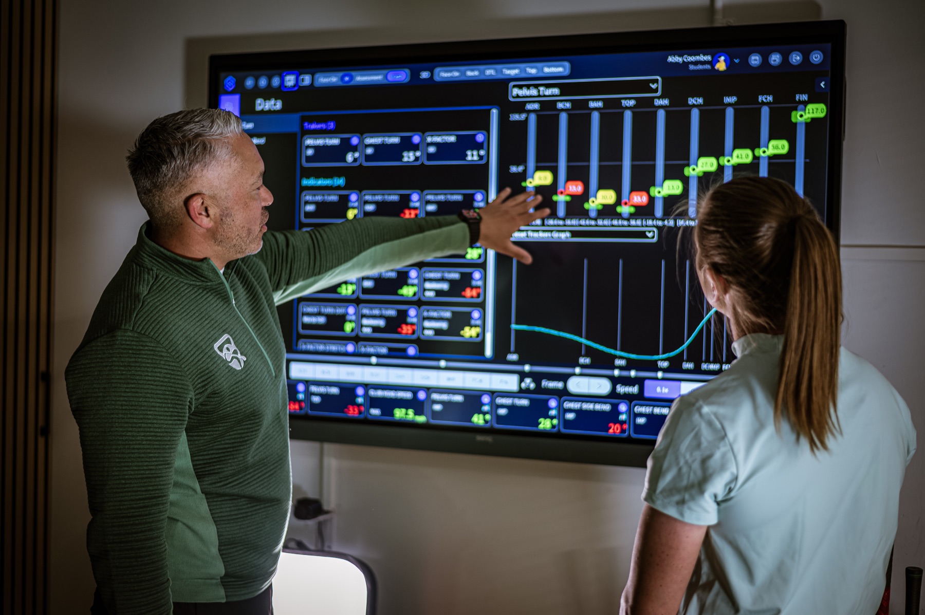 Golf performance data being interpreted with a golfer inside the Golfers Hub Performance Bay